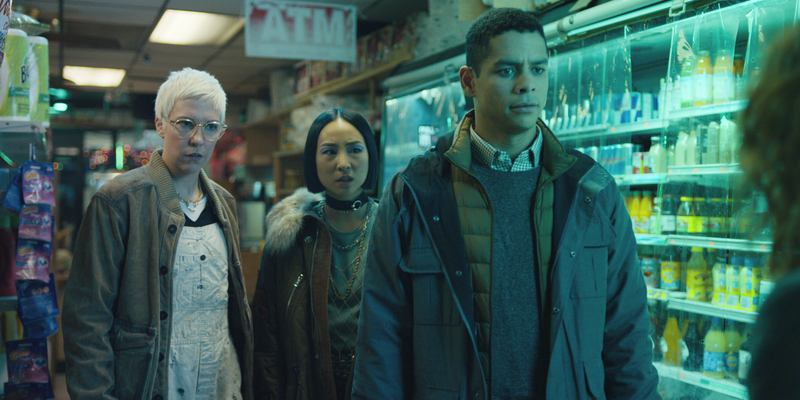 Rebecca Henderson (left), Greta Lee, and Charlie Barnett in Russian Doll